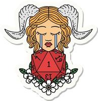 sticker of a crying tiefling with natural one D20 dice roll vector