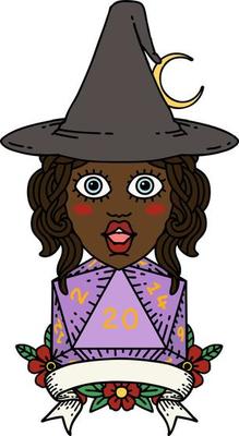 Retro Tattoo Style human witch with natural twenty dice roll