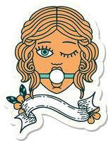 tattoo style sticker with banner of a winking female face wearing ball gag vector