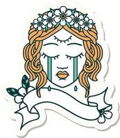 tattoo style sticker with banner of female face with third eye and crown of flowers cyring vector