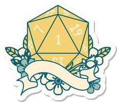 sticker of a natural one d20 dice roll vector