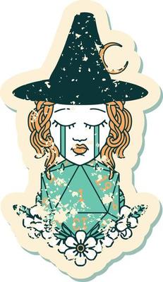 grunge sticker of a crying human witch with natural one D20 dice roll