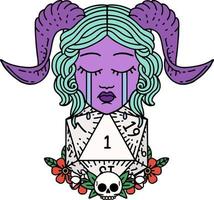 Retro Tattoo Style crying tiefling with natural one D20 dice roll vector