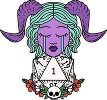 Retro Tattoo Style crying tiefling with natural one D20 dice roll vector