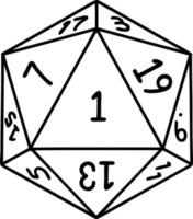 tatuaje en blanco y negro estilo de línea natural 1 d20 tirada de dados vector