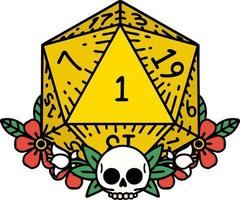 Retro Tattoo Style natural one dice roll with floral elements vector