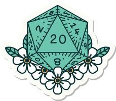 sticker of a natural 20 D20 dice roll with floral elements vector