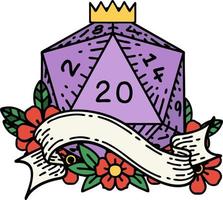 Retro Tattoo Style natural twenty D20 dice roll vector