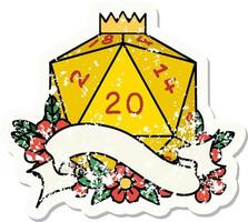 grunge sticker of a natural twenty D20 dice roll vector