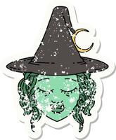 grunge sticker of a half orc witch character face vector