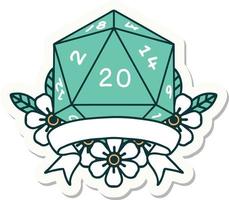 sticker of a natural 20 critical hit D20 dice roll vector