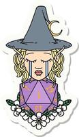 sticker of a crying elf witch with natural one D20 roll vector