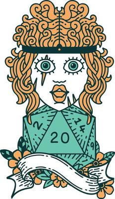 Retro Tattoo Style human barbarian with natural twenty dice roll