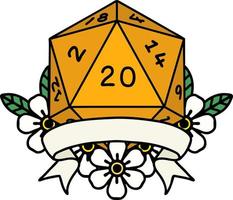 estilo de tatuaje retro natural 20 golpe crítico d20 tirada de dados vector