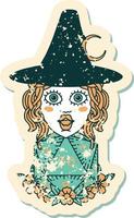 grunge sticker of a human witch with natural twenty dice roll vector