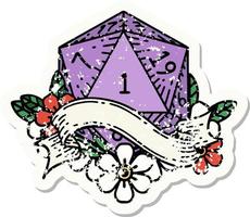 grunge sticker of a natural one d20 dice roll vector