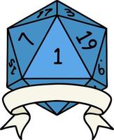 Retro Tattoo Style natural one d20 dice roll vector