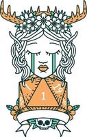 Retro Tattoo Style sad elf druid character face with natural one D20 roll vector