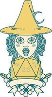 Retro Tattoo Style human witch with natural twenty dice roll vector