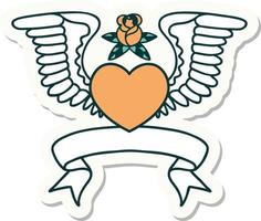 tattoo style sticker with banner of a heart with wings vector