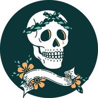 tattoo style icon with banner of a skull with laurel wreath crown vector