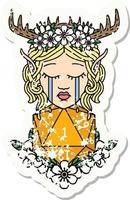 grunge sticker of a crying elf druid character face with natural one D20 roll vector