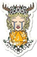 grunge sticker of a crying elf druid character face with natural one D20 roll vector