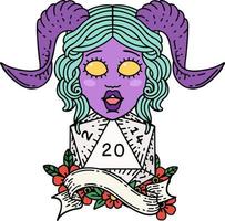 estilo de tatuaje retro tiefling con tirada natural de veinte dados vector