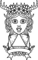 Black and White Tattoo linework Style elf druid character with natural 20 dice roll vector