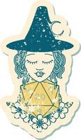 grunge sticker of a human witch with natural twenty dice roll vector