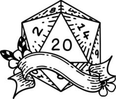 Black and White Tattoo linework Style natural twenty D20 dice roll vector