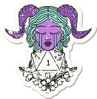 grunge sticker of a crying tiefling with natural one D20 dice roll vector