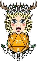 Retro Tattoo Style elf druid character with nautral twenty dice roll vector
