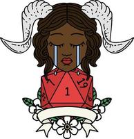 Retro Tattoo Style crying tiefling with natural one D20 dice roll vector