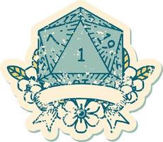 Retro Tattoo Style natural one d20 dice roll vector