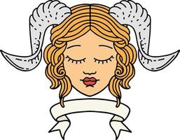 Retro Tattoo Style tiefling character face with scroll banner vector