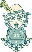 Retro Tattoo Style elf bard character with natural twenty dice roll vector