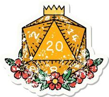 grunge sticker of a natural 20 D20 dice roll with floral elements vector