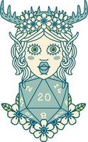 Retro Tattoo Style elf druid character with nautral twenty dice roll vector