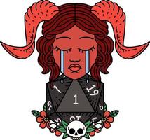 Retro Tattoo Style crying tiefling character with natural one D20 dice roll vector