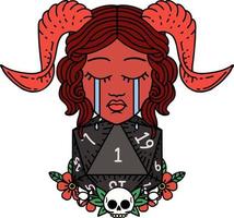 Retro Tattoo Style crying tiefling character with natural one D20 dice roll vector