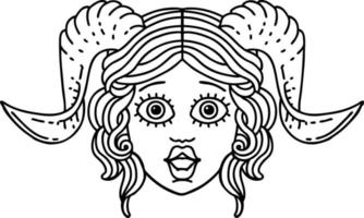 Black and White Tattoo linework Style tiefling character face vector