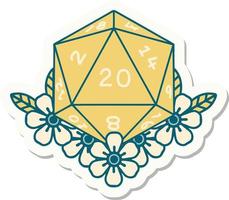 sticker of a natural 20 D20 dice roll with floral elements vector