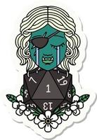 sticker of a crying half orc rogue character with natural one D20 roll vector