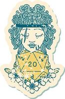 grunge sticker of a human barbarian with natural twenty dice roll vector