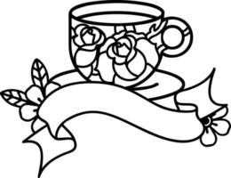 traditional black linework tattoo with banner of a cup and flowers vector