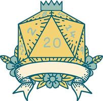 Retro Tattoo Style natural 20 critical hit D20 dice roll vector