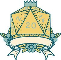 estilo de tatuaje retro natural 20 golpe crítico d20 tirada de dados vector