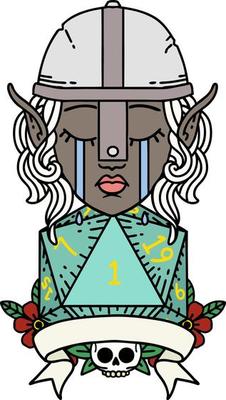 Retro Tattoo Style crying elf fighter character face with natural one D20 roll