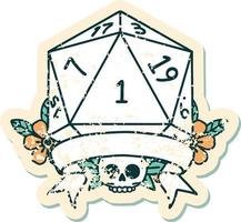 Retro Tattoo Style natural one d20 dice roll vector